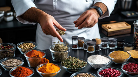 A chef is preparing a meal with a variety of spices and herbs. The spices are in small bowls and the chef is sprinkling them on the food. Scene is one of focus and attention to detailの素材