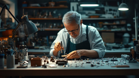 A man is working on a piece of machinery. He is wearing an apron and glasses. The scene is set in a workshop with various tools and equipment. The man is focused on his workの素材