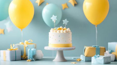 A birthday party with a cake and balloons. The balloons are yellow and blue and are scattered around the room. The cake is on a white plate and has stars on top. There are also presents on the tableの素材