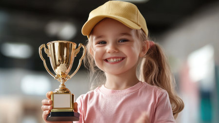 A young girl is holding a trophy and smiling. The trophy is gold and has a design on it. The girl is wearing a yellow hat and a pink shirt. Concept of accomplishment and happinessの素材