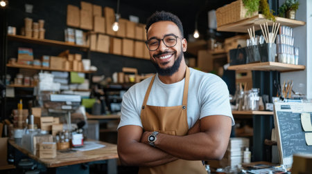 A man with a big smile is standing in a store with apron on. He is wearing a watch and glassesの素材