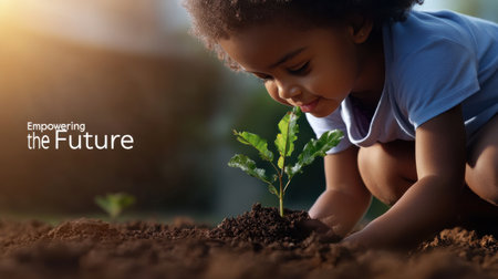 A young child is digging a hole in the dirt and placing a small tree in it. The image is titled "Empowering the Future," which suggests that the act of planting a tree is a symbol of hopeの素材
