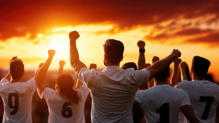 A group of people are celebrating with their hands raised in the air. The man in the center is wearing a white shirt and has the number 9 on his shirtの素材