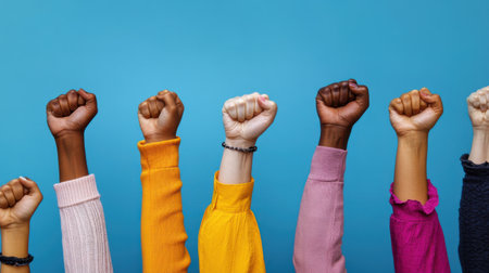 A group of people are holding up their hands in a fist, with some wearing yellow and others wearing pink. Concept of unity and solidarity, as the people are all standing togetherの素材