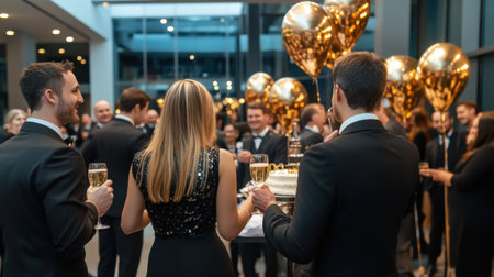 A group of people are at a party with balloons and wine glasses. Scene is festive and celebratoryの素材
