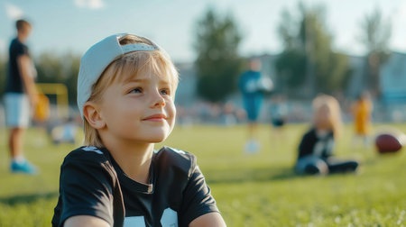 A young boy wearing a black jersey and a white hat is sitting on the grass. He is smiling and looking at the cameraの素材