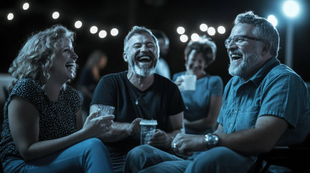 A group of people are laughing and enjoying each other's company. They are sitting on a bench and holding drinksの素材