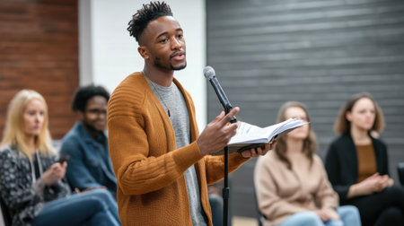 A man stands in front of a microphone, reading from a book. He is wearing a brown sweater and a beard. There are several people in the background, some of whom are sitting in chairsの素材