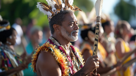 A man wearing a headdress and holding a stick is surrounded by a group of people. Concept of cultural celebration and unityの素材