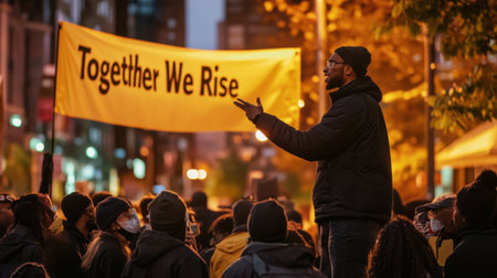 A man stands in front of a crowd of people holding a sign that says "Together We Rise"の素材