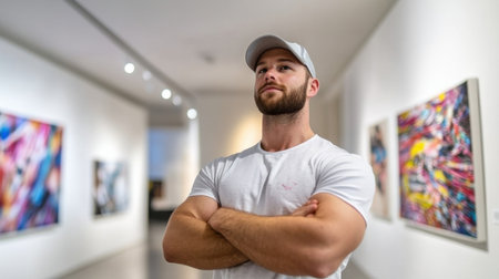 A man stands in front of a wall of paintings, wearing a white shirt and a grey hat. He is looking at the paintings with a serious expression on his face. The paintings on the wall are colorfulの素材