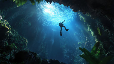 A man is swimming in a deep blue ocean. The water is clear and the sunlight is shining through the water. The man is wearing a wetsuit and he is enjoying his time underwaterの素材