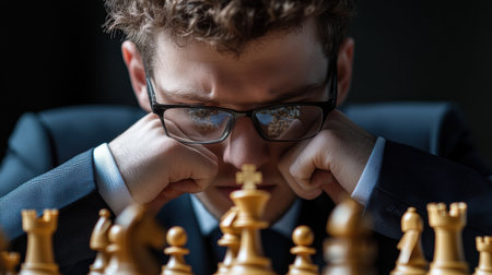 A man in glasses is playing chess and looking down. He is wearing a suit and tie. Scene is serious and focusedの素材