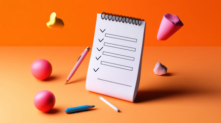 A white spiral notebook with a pink pen and a blue pen on top of it. The notebook is filled with check marks and has a pink egg on the tableの素材