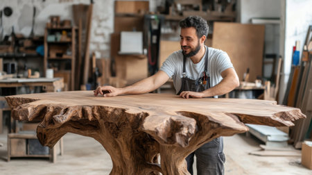 A man is standing in front of a large wooden table. The table is made of wood and has a unique design. The man seems to be admiring the table and is smiling. The atmosphere of the image is warmの素材