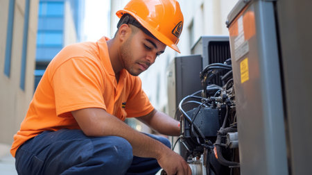 A man in an orange shirt is working on a piece of equipment. He is wearing a hard hat and safety glassesの素材