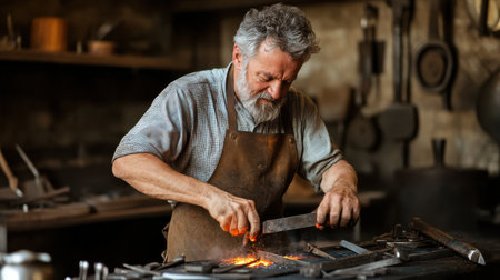 A man is working on a piece of metal in a workshop. He is wearing an apron and he is focused on his task. The workshop is filled with various tools and equipment, including a knife and a spoonの素材