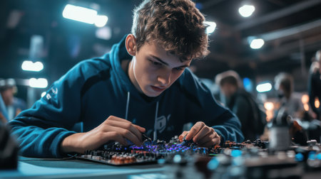 A boy is working on a computer keyboard. The boy is wearing a blue hoodie. The room is dimly litの素材
