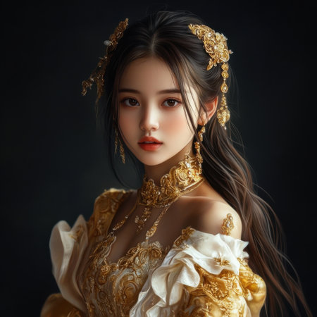 A woman in a gold dress with a gold headpiece. She has a gold necklace around her neckの素材