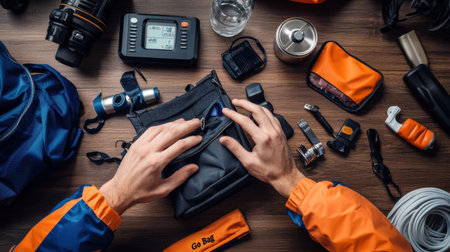 A man is looking at a bag with a Go Big sign on it. The bag is full of various items, including a camera, a water bottle, and a backpack. The man seems to be preparing for a trip or an adventureの素材