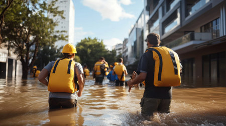 A group of people are in the water, wearing yellow life jackets. Scene is serious and urgent, as the people are trying to navigate through the flood watersの素材