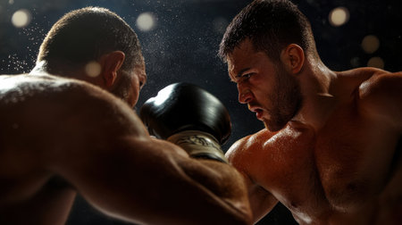 Two men are boxing in a ring. One of them is wearing a black glove. The other man is wearing a black glove as wellの素材