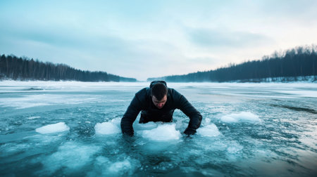 A man is in the water, trying to stay afloat. The water is cold and the sky is cloudyの素材
