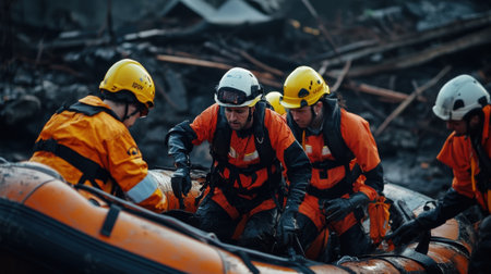 A group of people in orange and yellow clothing are in a boat, possibly rescuing someone. Scene is serious and focused on the task at handの素材