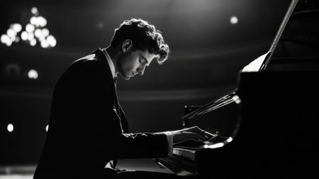 A man is playing the piano in a dark room. Concept of elegance and sophistication, as the man is dressed in a suit and tie while playing the instrument. The piano itself is a large, black grand pianoの素材