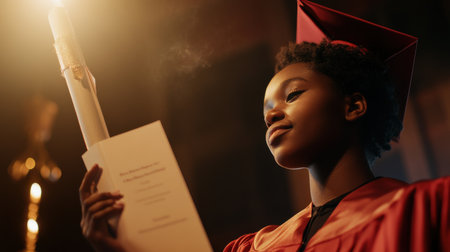 A woman in a red graduation gown holding a candle and a piece of paper. The woman is smiling and she is happyの素材