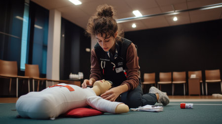 A woman is laying on a mannequin and fixing it. The scene is set in a room with chairs and a tableの素材