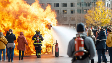 A fire is burning in the middle of a city street. Firemen are spraying water on the fire. A crowd of people are watching the sceneの素材