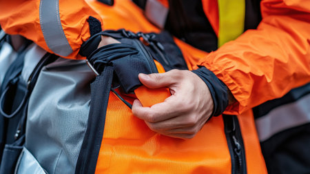 A man in an orange jacket is holding a bag with a black strap. The strap is attached to a metal ringの素材