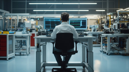 A man is sitting at a desk in a large room with two computer monitors. The room is filled with various pieces of equipment and machinery, giving the impression of a busy and industrial settingの素材
