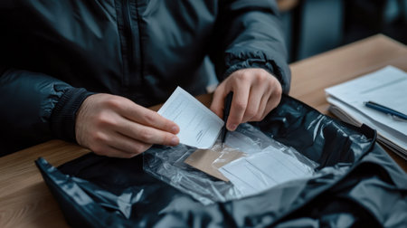 A man is holding a piece of paper and cutting it with a pair of scissors. He is wearing a black jacket and he is in a serious or focused moodの素材
