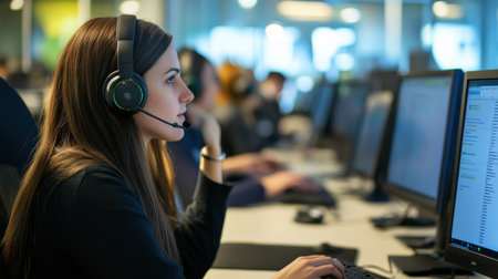 A woman wearing a headset is sitting at a desk with a computer monitor in front of her. She is focused on her work, possibly on a phone call. Concept of concentration and productivityの素材
