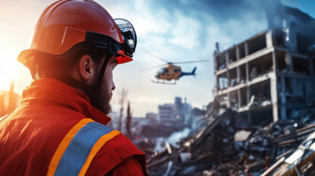 A man in a red jacket and helmet is looking at a helicopter flying over a building. The scene is chaotic and intense, with the man possibly being a firefighter or rescue workerの素材