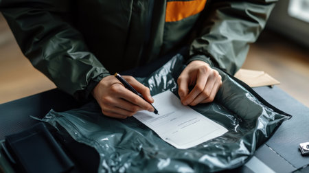A man is writing on a piece of paper with a pen. He is wearing a green jacket and an orange shirtの素材