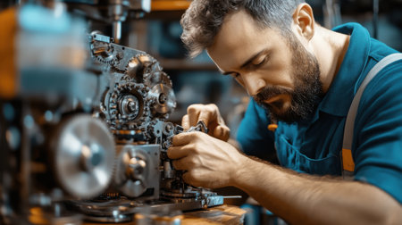 A man is working on a machine with a beard. He is wearing a blue shirt and apronの素材