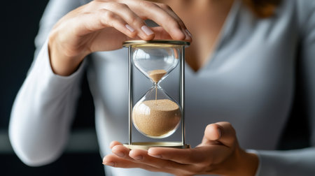 A woman is holding a sand timer in her hand. The timer is made of glass and has sand inside. The woman is holding it up to her face, as if she is looking at itの素材