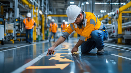 A man in a yellow and orange safety vest is working on a floor with arrows painted on itの素材