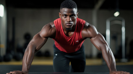 A man in a red tank top is doing pushups on a mat. He is focused and determined, showing his strength and dedication to his workoutの素材