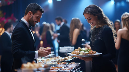 A man and woman are at a party, both dressed in black. The man is holding a plate of food, while the woman is also holding a plate. The atmosphere of the image is lively and socialの素材