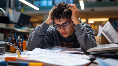 A young man is sitting at a desk with a stack of papers in front of him. He is wearing glasses and he is in a state of distressの素材