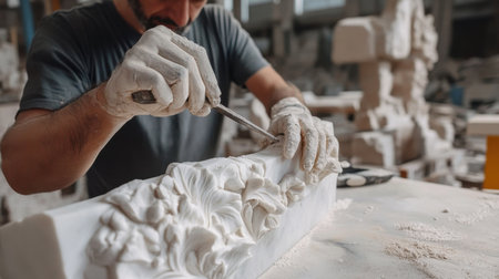 A man is carving a piece of white stone with a chisel. The stone is shaped like a flowerの素材