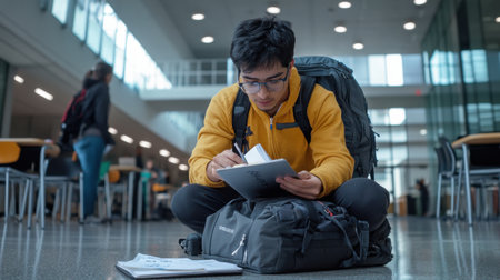 A young man sits on the floor with a backpack and a notebook. He is writing in the notebookの素材