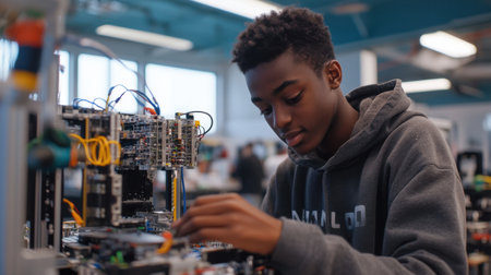 A young man is working on a machine in a lab. He is wearing a hoodie with the letters "NU" on itの素材