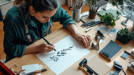 A woman is drawing a leaf on a piece of paper. She is surrounded by various art supplies, including pens, pencils, and markers. The scene suggests that she is in the process of creating a piece of artの素材