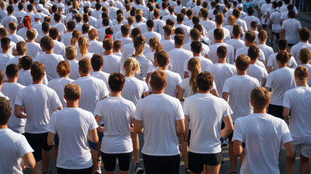 A large group of people are running in a race. The crowd is made up of many people, all wearing white shirts. Concept of unity and teamwork as the runners move together towards the finish lineの素材