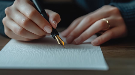 A woman is writing on a piece of paper with a fountain pen. Concept of elegance and sophistication, as the woman's hand is poised and focused on the task at handの素材